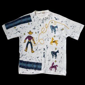 90s vintage chaotic cowboy t-shirt western horses lasso paint single stitch.